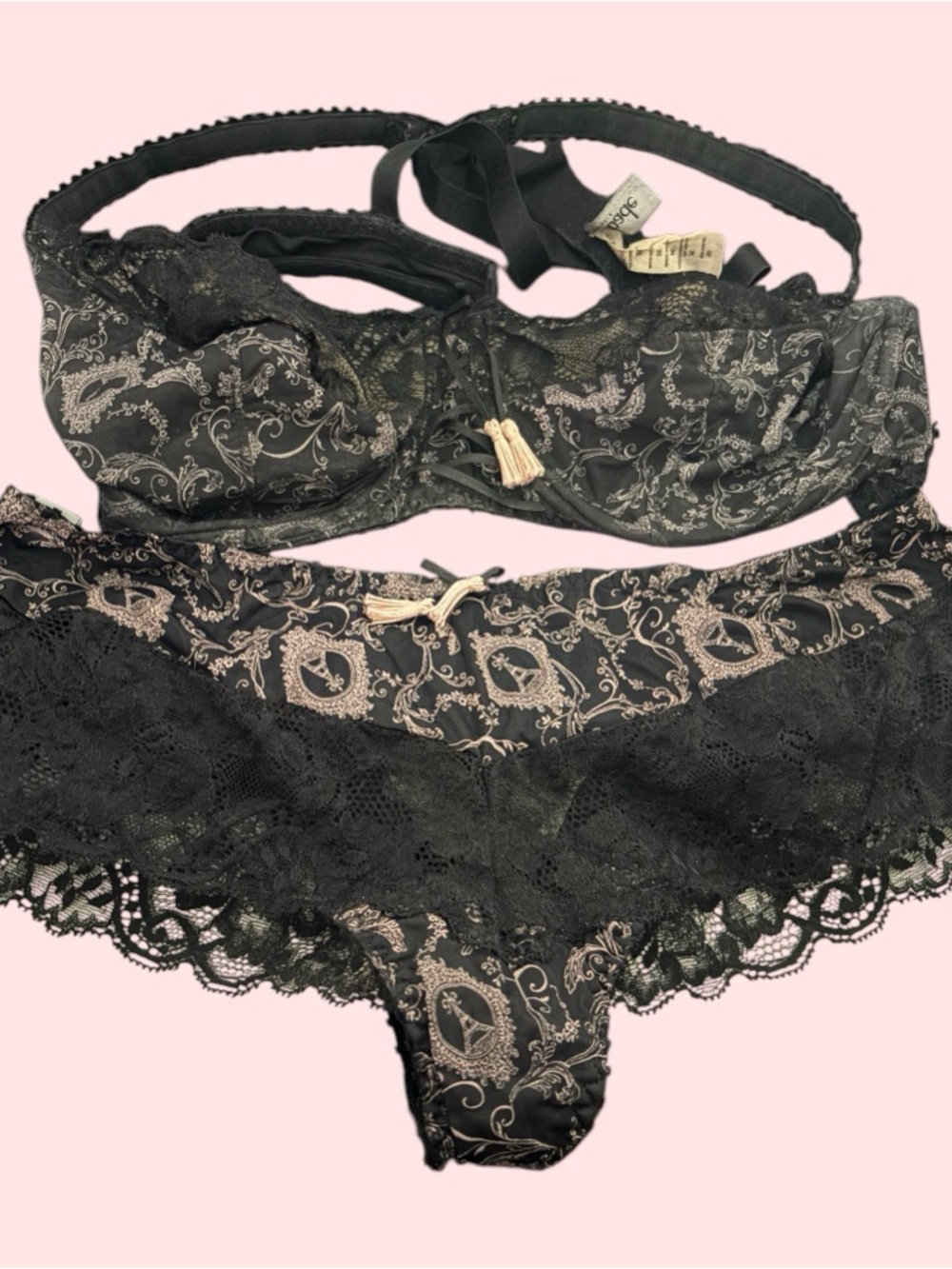 Aubade Black/soft pink Printed Lace Bra & Brief Set